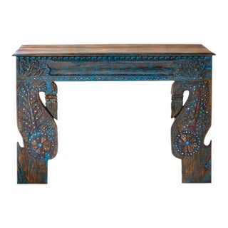Rustic Carved Console Table in Blue with Brass Studs For Sale
