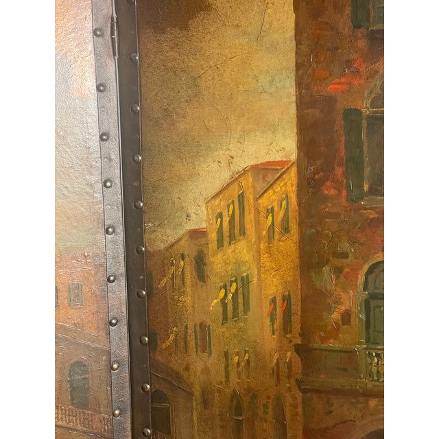 Antique Italian Ponte Rialto Handpainted Parchment Leather Floor Screen For Sale - Image 16 of 18