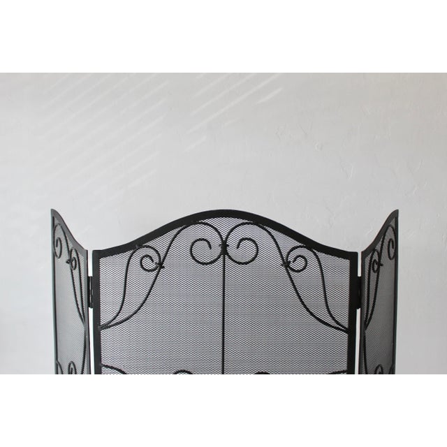 1990s Vintage French Style Black Mesh Fireplace Screen Metal Scrollwork Details For Sale - Image 5 of 11