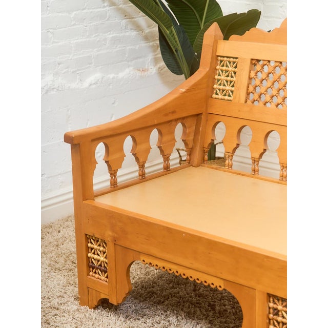 Wood Mid 20th Century Beautiful Moroccan Unstained Hand Carved Wooden Sofa With Moucharabieh Paneling For Sale - Image 7 of 12