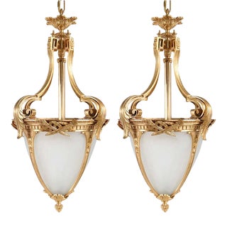 Early 20th Century French/Italian Gilt Cast Bronze & Frosted White Glass Pendant Lights - A Pair For Sale