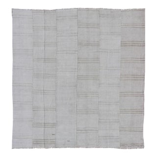 Square Vintage Paneled Flat-Weave With Modern Design in White and Neutral Tones For Sale