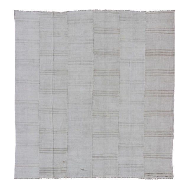 Square Vintage Paneled Flat-Weave With Modern Design in White and Neutral Tones For Sale