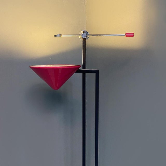 Italian Modern Metal Structure and Magenta Conical Diffuser Floor Lamp, 1980s For Sale - Image 3 of 12