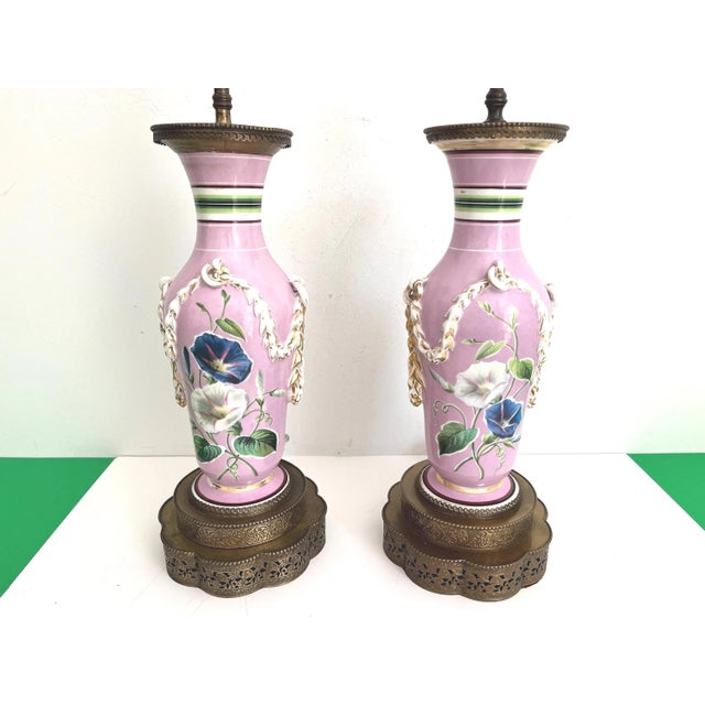 Metal 1940s French Floral Urn Lamps & Shades, Pair For Sale - Image 7 of 18