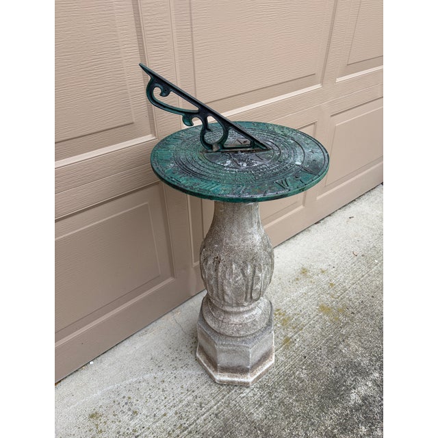 Mid 20th Century Vintage English Country Classical Verdigris Iron Garden Sundial on Pedestal For Sale - Image 5 of 12