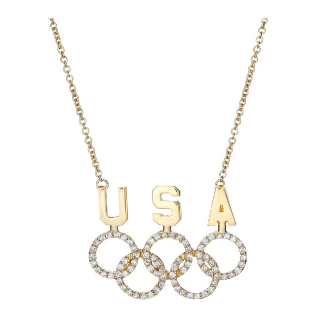 USA Olympic Rings Diamond Necklace Vintage 18k Gold Patriotic Name Plate Fine For Sale