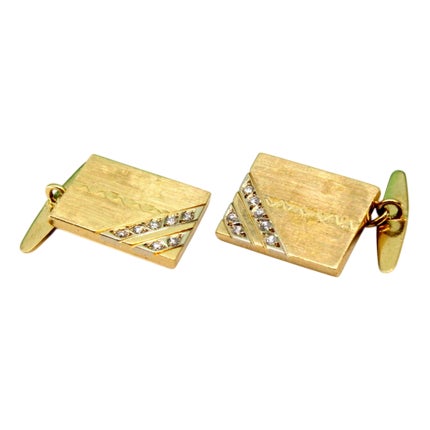 Rectangular Cufflinks in Yellow Gold with Brilliant-Cut Diamonds, Set of 2 For Sale