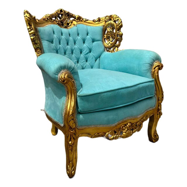 Rococo Style Velvet Chair With Gold Leaf Frame Details For Sale