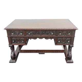 Late 1800s Victorian Large Heavy Hand Carved Cherub Partner Desk 6656 For Sale