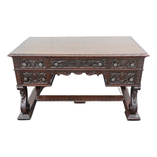 Late 1800s Victorian Large Heavy Hand Carved Cherub Partner Desk 6656 For Sale