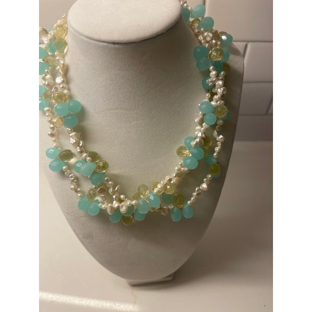 1990s Gemstone Triple Aqua, Citron ,Pearl Necklace For Sale - Image 4 of 4