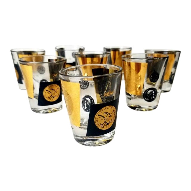 MidCentury Cera 22kt Gold & Black Us Dollar Gold Coins Shot Glasses