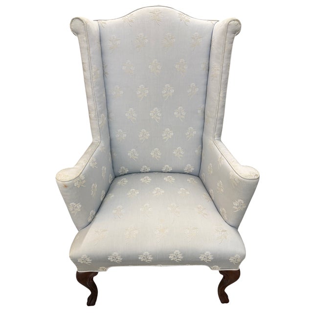 Late 20th Century Baker Furniture Attributed Blue Damask Wingback Chairs - A Pair For Sale - Image 5 of 15