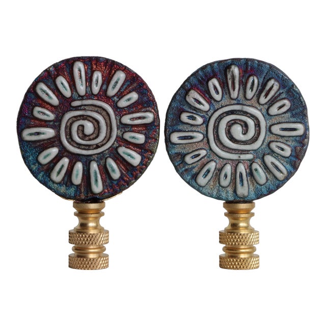 Raku Sun Lamp Finials on Brass Hardware - a Pair For Sale