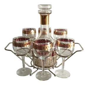 Vintage Culver Wine Glasses & Decanter With Holder- 7 Pieces