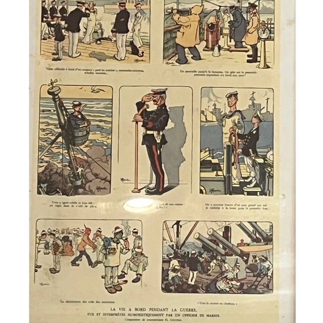 French Antique WWI French Naval Cartoon Lithograph Henri Gerbault Marine Life Framed For Sale - Image 3 of 6