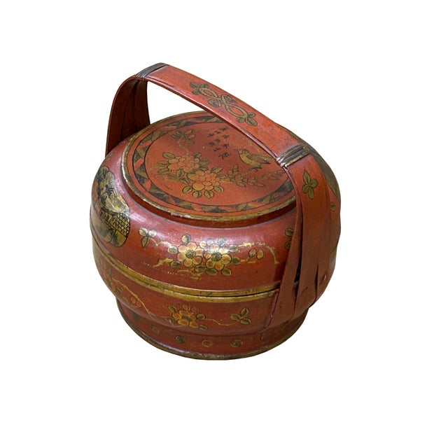 Vintage Oriental Brick Red Golden Graphic Stack Wedding Basket Display For Sale - Image 4 of 18