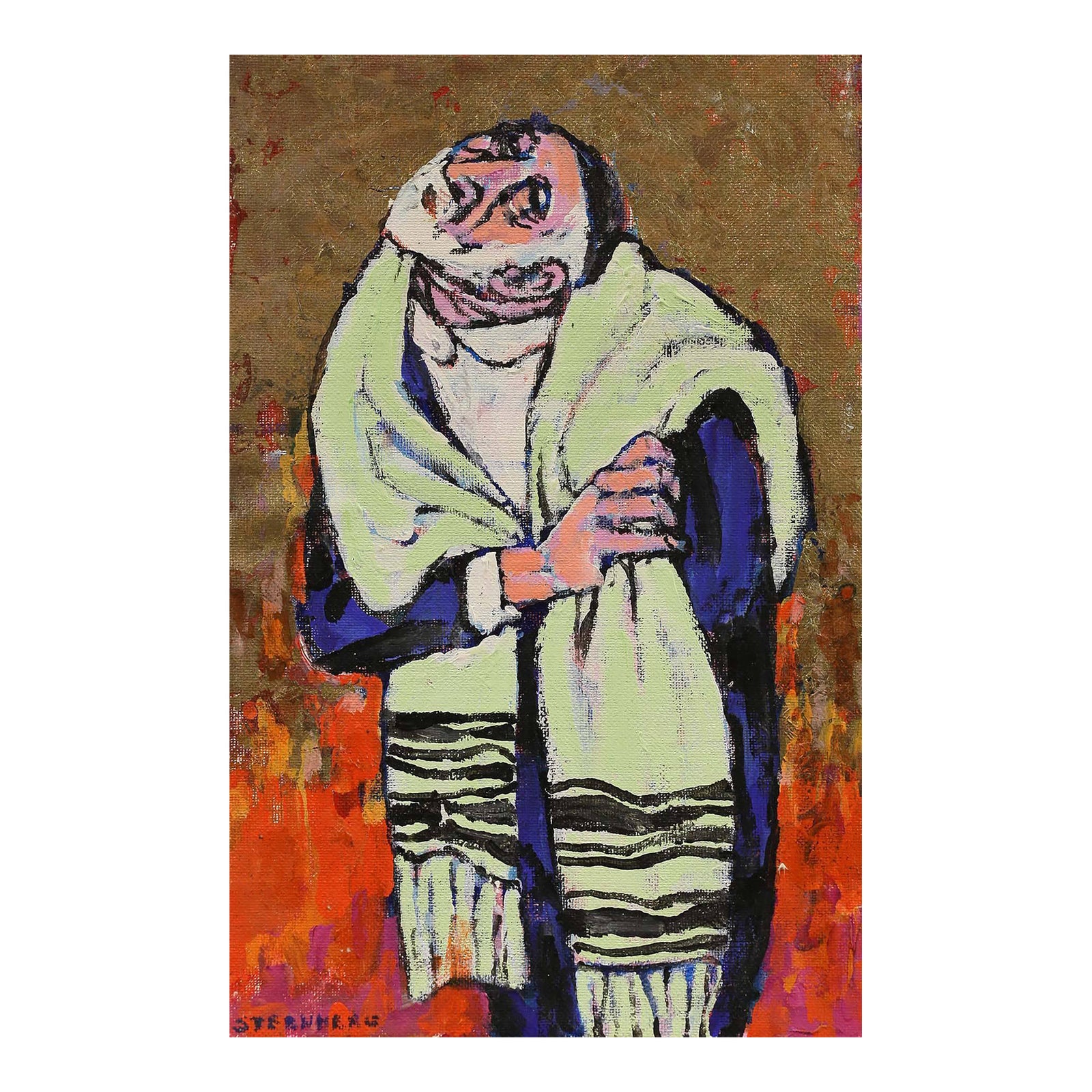 Harry Sternberg, Modernist Rabbi Judaica Painting on Gold Background ...