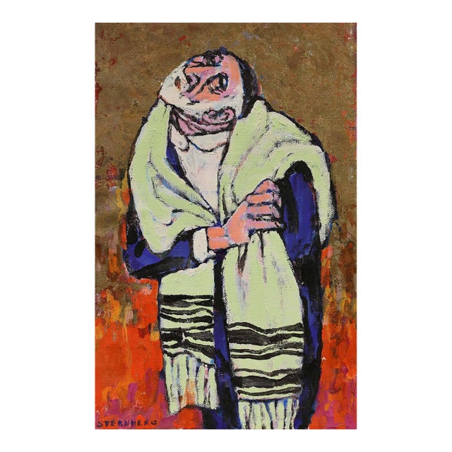 Harry Sternberg, Modernist Rabbi Judaica Painting on Gold Background For Sale