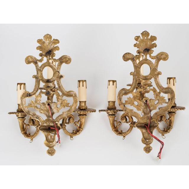 1950s Spanish Rococo Sand-Cast Brass 3-Light Sconces With Crystals - A Pair For Sale - Image 10 of 12