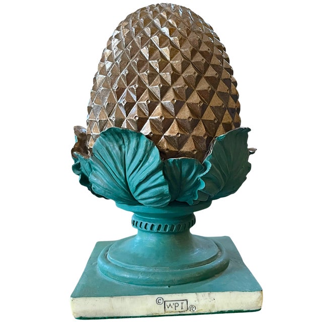 1960s Gold & Green Pinecone Finial Sculpture With Acanthus Leaf Motif and Square Plinth For Sale In Jacksonville, FL - Image 6 of 10