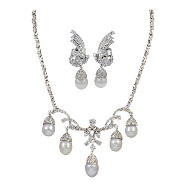 Antique Diamond Pearl Suite in 18 Karat White Gold, Bridal, Estate For Sale
