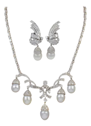 Antique Diamond Pearl Suite in 18 Karat White Gold, Bridal, Estate