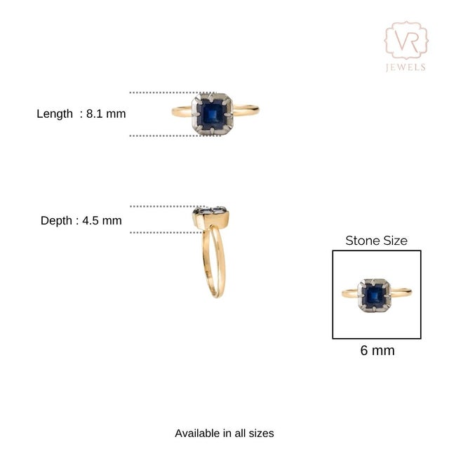 18k Gold Blue Sapphire Square Ring With Pinion Bezel Black Rhodium Size 5.5 For Sale - Image 9 of 16