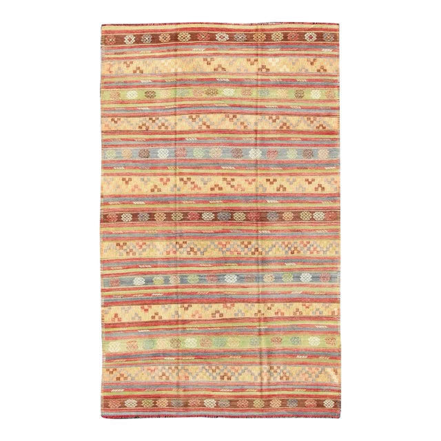 Mid 20th Century Large Multicolored Vintage Turkish Kilim Rug With Geometric Shapes and Stripes Design For Sale