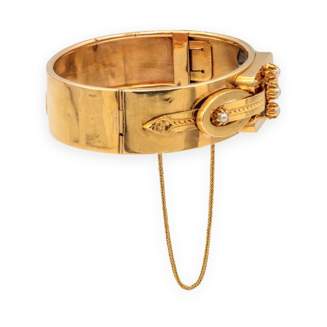 Antique Victorian 14k Yellow Gold Seed Pearl Bangle Bracelet Circa 1870s–1880s For Sale - Image 4 of 11