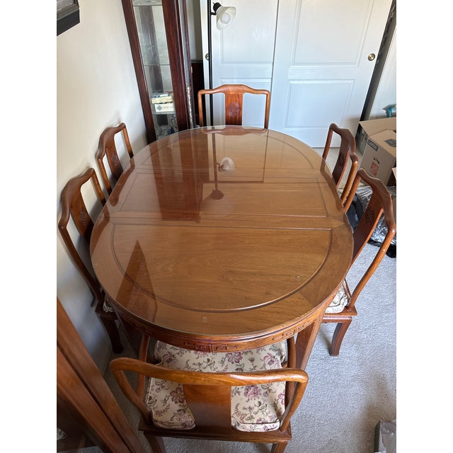 1950s Chinese Ming Style Rosewood Hand-Carved Dining Table With 6 Chairs - Set of 7 For Sale - Image 10 of 10