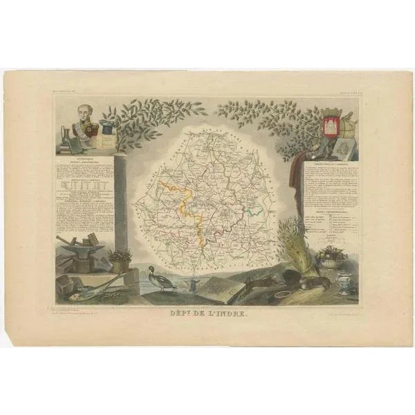 Antique map titled 'Dept. de l'Indre'. Map of the French department of Indre, France. Part of the Loire Valley wine...