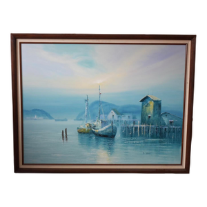 Late 20th Century Original Coastal Harbor Oil Painting by L. Thomas – Huge 53x42” Framed Canvas, Nautical Seascape With Boats and Pier