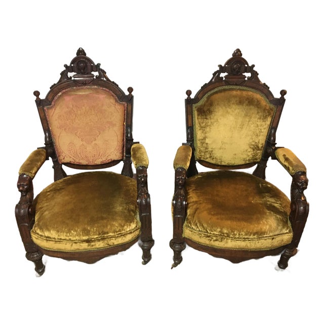 Late 19th Century French Antique Victorian Parlor Armchair With Gold Upholstery - Set of 2 For Sale