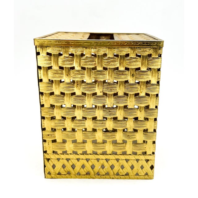 Mid-Century Modern Vintage Ormolu Gold-Tone Metal Basketweave Tissue Box Cover – Hollywood Regency / Italian For Sale - Image 3 of 8
