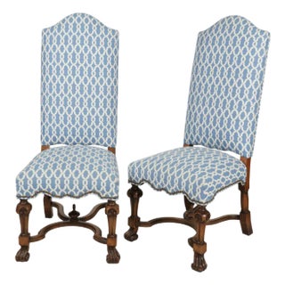 Pair if Spanish Colonial Walnut Scalamandre Blue Lattice High Back Side Chairs For Sale