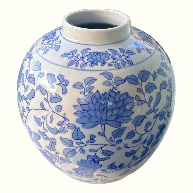 Oversized chinoiserie blue and white vase. Measures 12 inches in height, and at the widest, measures 15 inches. This is a...