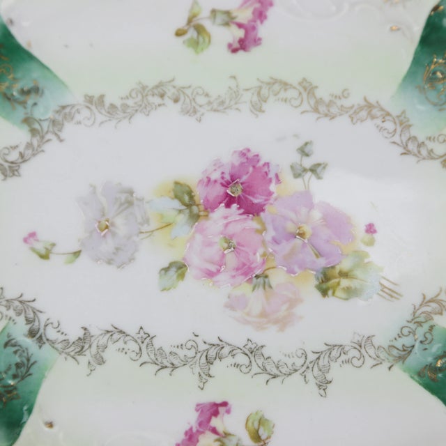 White Antique Green and Gold Floral Porcelain Vanity Tray - Hand-Painted Oval Dish For Sale - Image 8 of 10