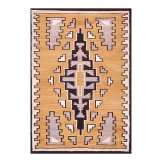 1930s Yellow Medallion Tribal Antique American Navajo Rug 3' 6"x 5' Flatweave Wool Carpet For Sale