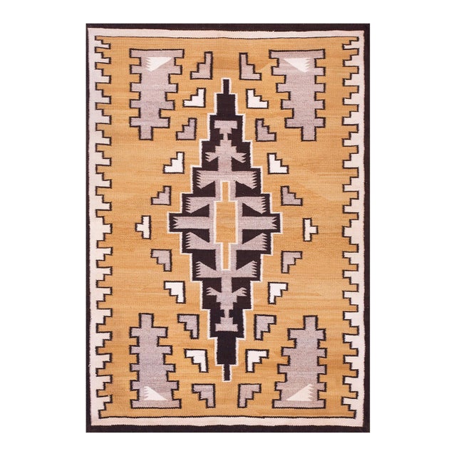 1930s Yellow Medallion Tribal Antique American Navajo Rug 3' 6"x 5' Flatweave Wool Carpet For Sale