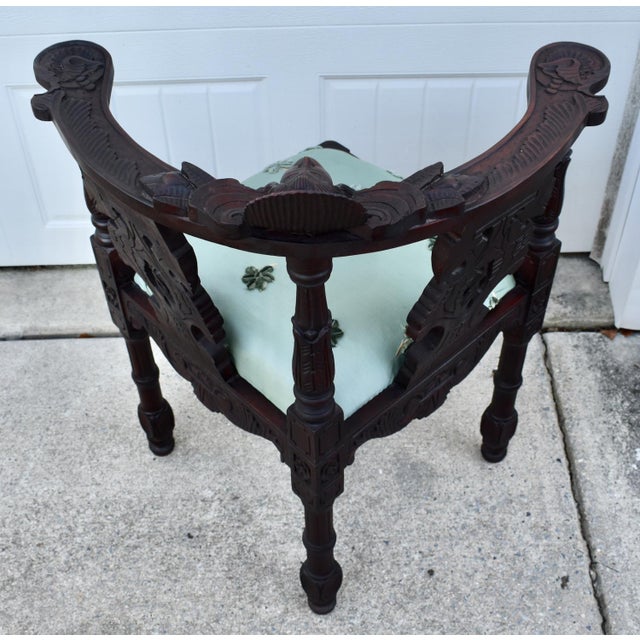Carved Mahogany Corner Chair Vintage Renaissance Style Figural Face Upholstered For Sale - Image 15 of 17