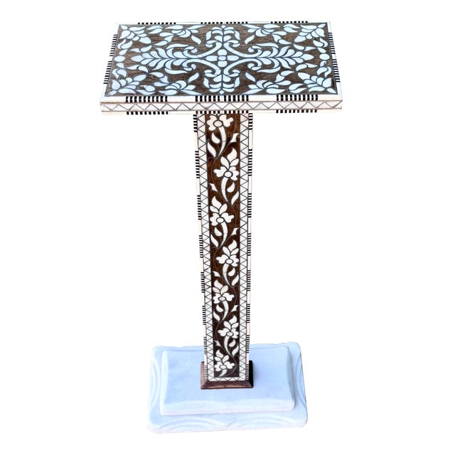 Contemporary Vintage Damascus Mother-of-Pearl Inlay Pedestal Side Table With Natural Marble Base For Sale - Image 3 of 9