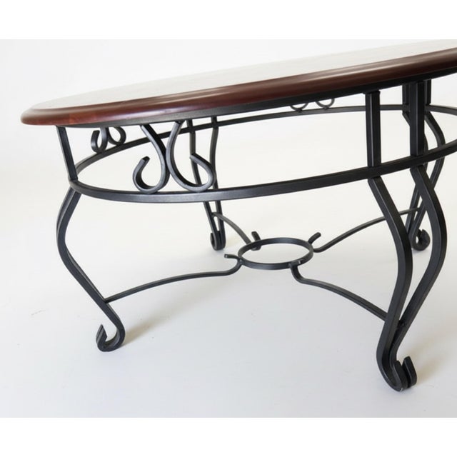 Traditional Vintage Round Wood & Black Iron Scrollwork Coffee Table For Sale - Image 3 of 7