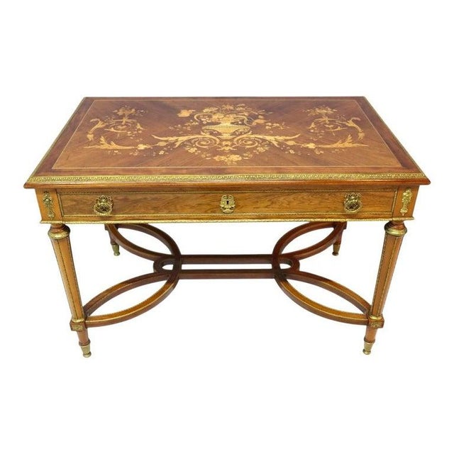 Louis XVI Style Walnut & Ormolu Marquetry & Inlaid 1-Drawer Library Table C1890 For Sale - Image 4 of 18