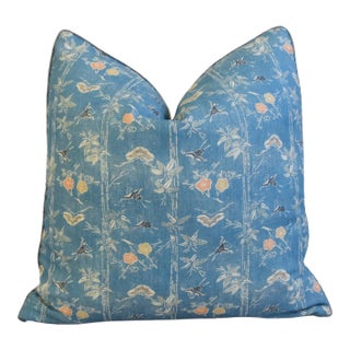 Blue Designer Chinoiserie Bird & Floral Bamboo Feather/Down Pillow 20" Square For Sale