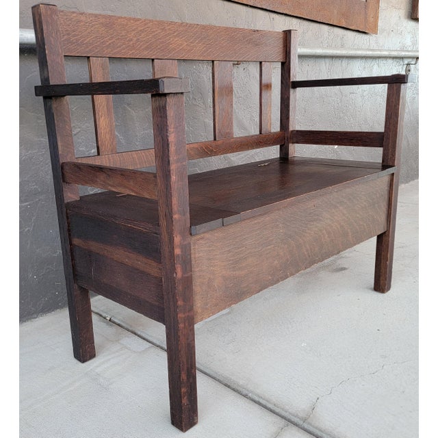 Mission Antique Hall Bench Mission Oak by Lifetime Furniture. Circa. 1910 For Sale - Image 3 of 18