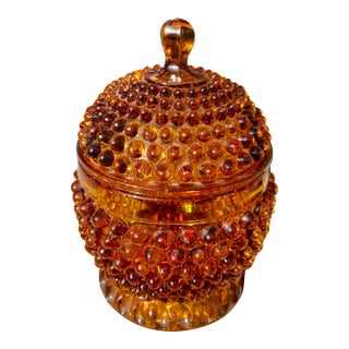 Vintage Amber Hobnail Lidded Art Glass Candy Jar For Sale