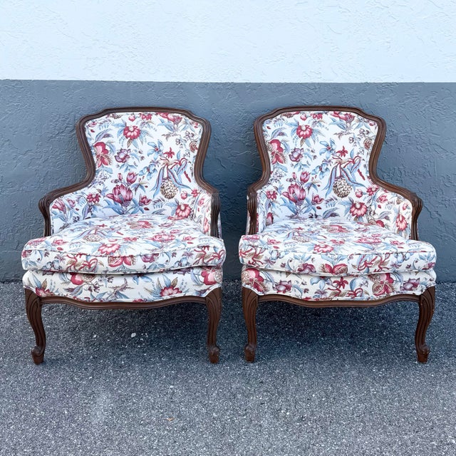 Vintage French Provincial Floral Upholstery Lounge Chairs - Pair For Sale - Image 4 of 10