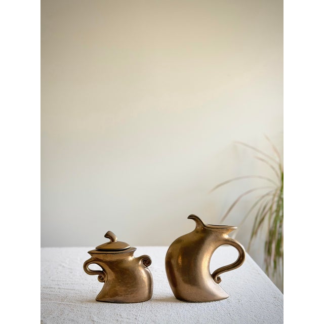 Vintage Michael Lambert Bronze Glazed Sculptural 2-Piece Tea Set Signed Studio Pottery Collection For Sale - Image 9 of 12